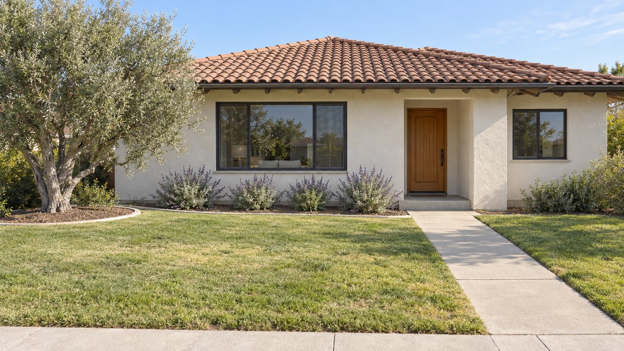Single-story ivory stucco home with a terracotta tile roof, dark-framed windows, a deep front lawn and a mature olive tree.
