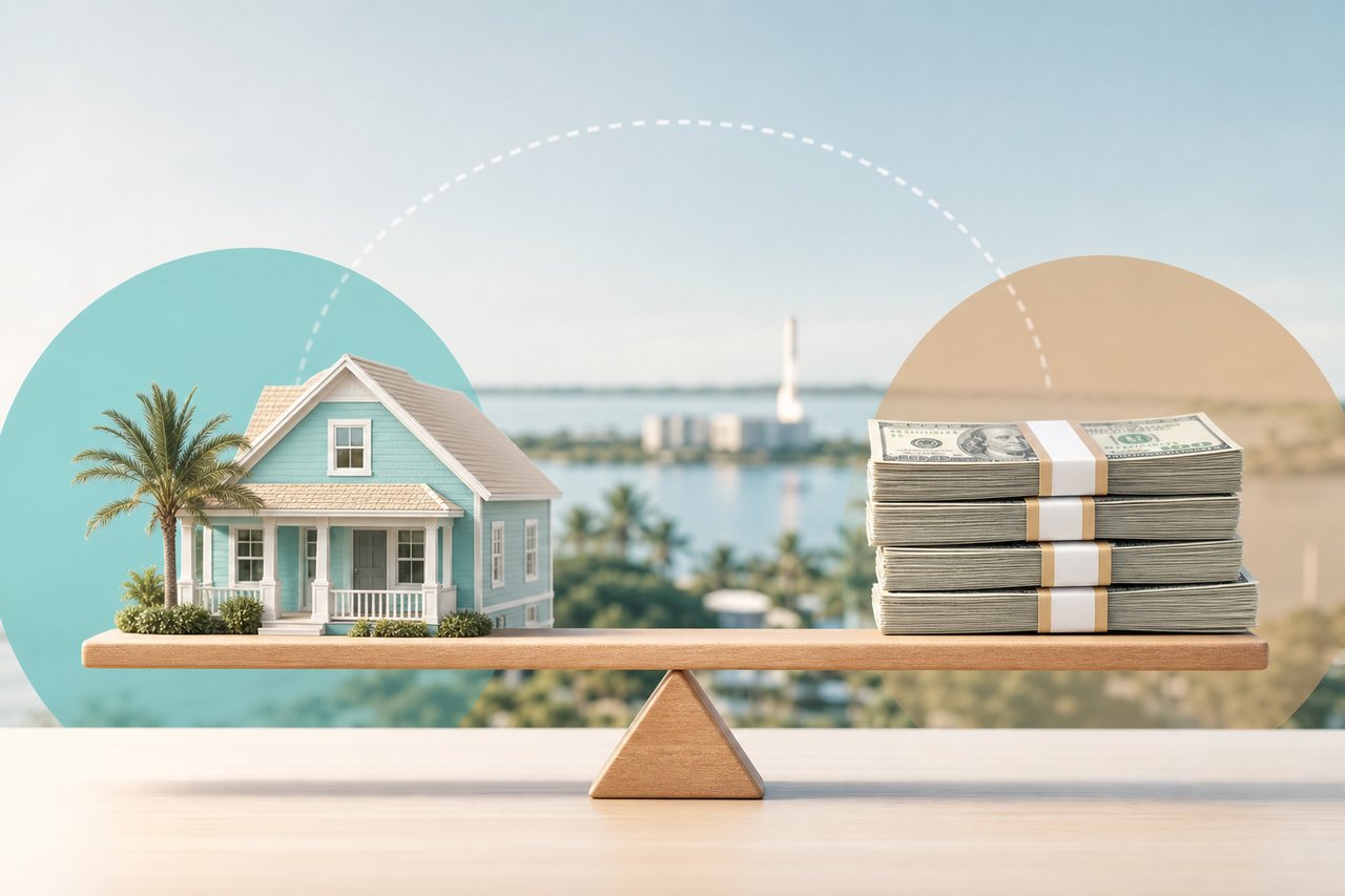 A small turquoise house and bundled cash balance on a wooden beam.