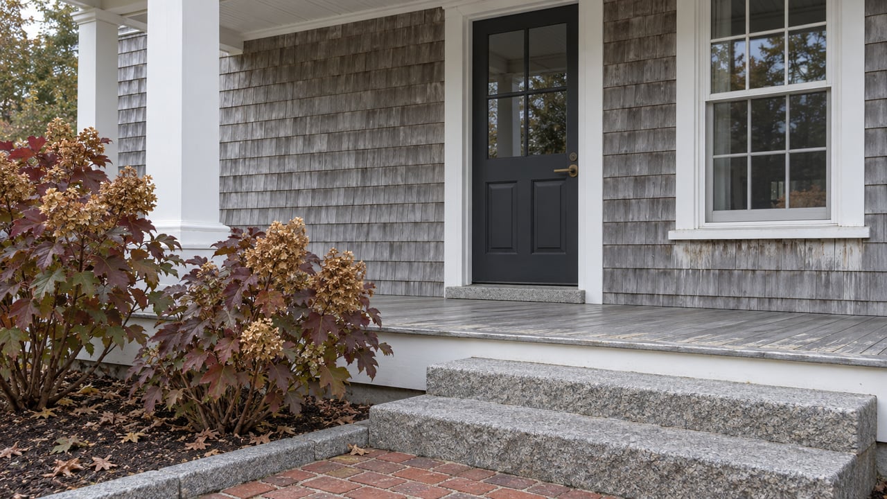 Weathered cedar-shingle home with a white porch column, charcoal entry door, granite steps and autumn oakleaf hydrangeas.