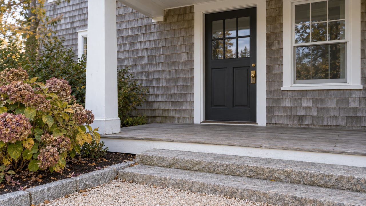 Weathered cedar-shingle home with a white porch column, dark glazed entry door, stone steps and faded autumn hydrangea flowers.