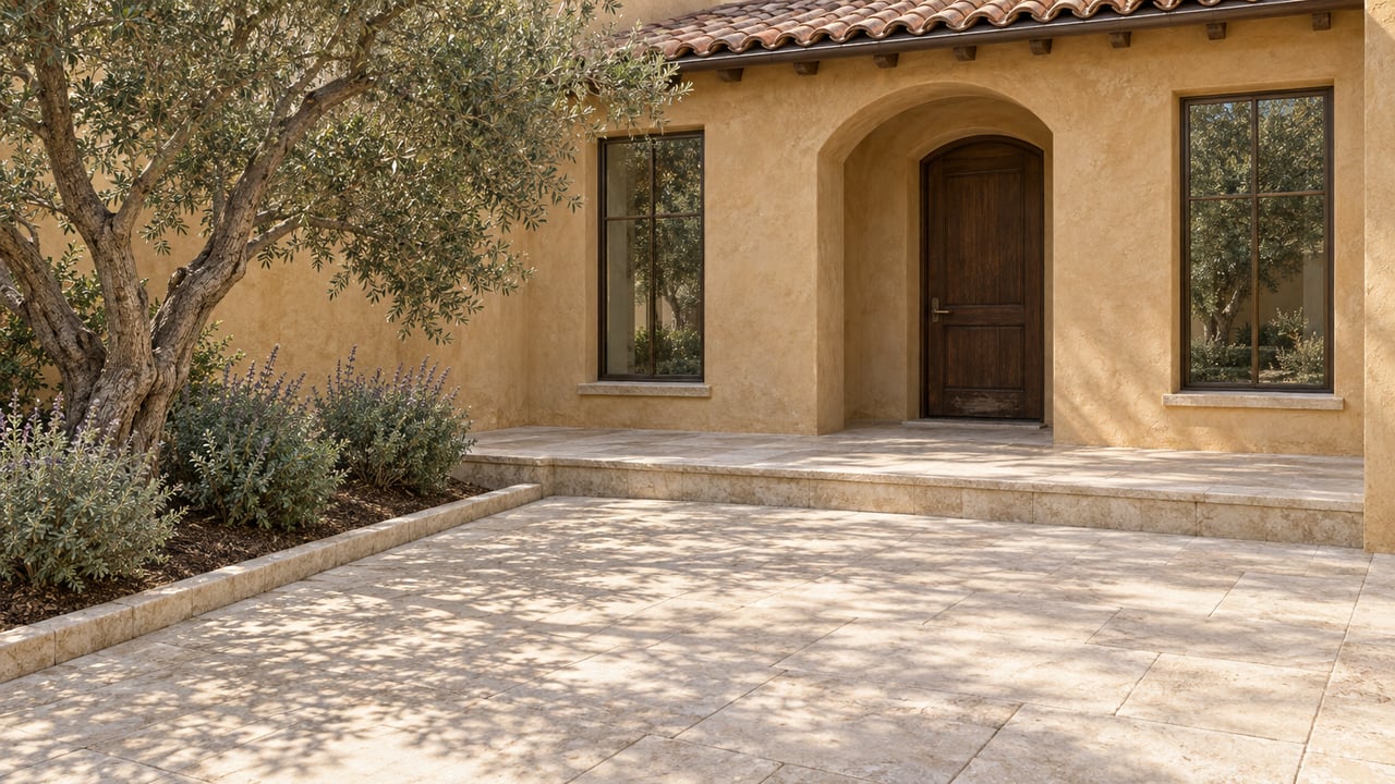 An elevated view across a limestone entry court toward a sandy stucco home with a clay tile roof, arched oak doorway and mature olive tree.