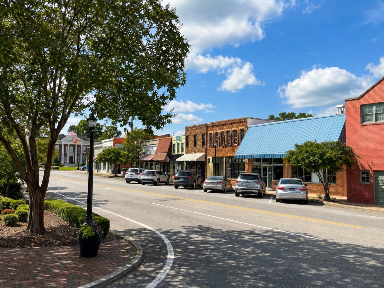 Downtown Pembroke streetscape with historic brick storefronts beneath a large shade tree.