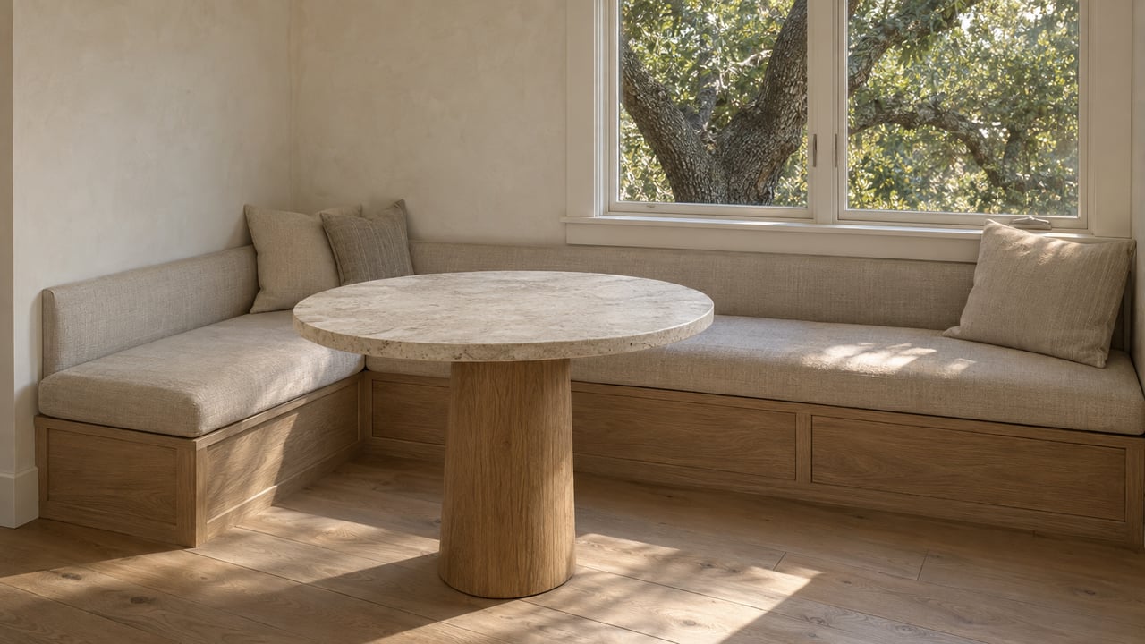 Round oak dining table beside a built-in linen bench, with an oak tree visible through the window.