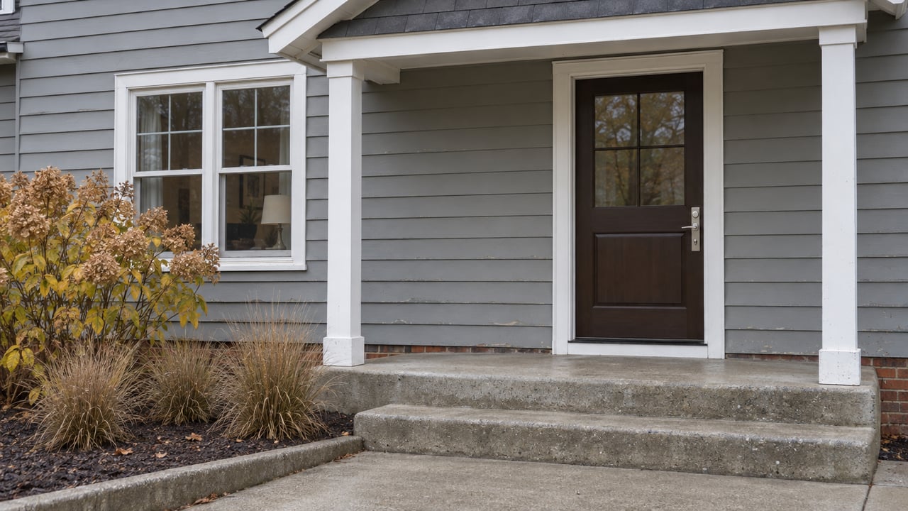 A gray-sided home entry with a small gabled porch, weathered concrete steps and dried autumn hydrangea flowers.