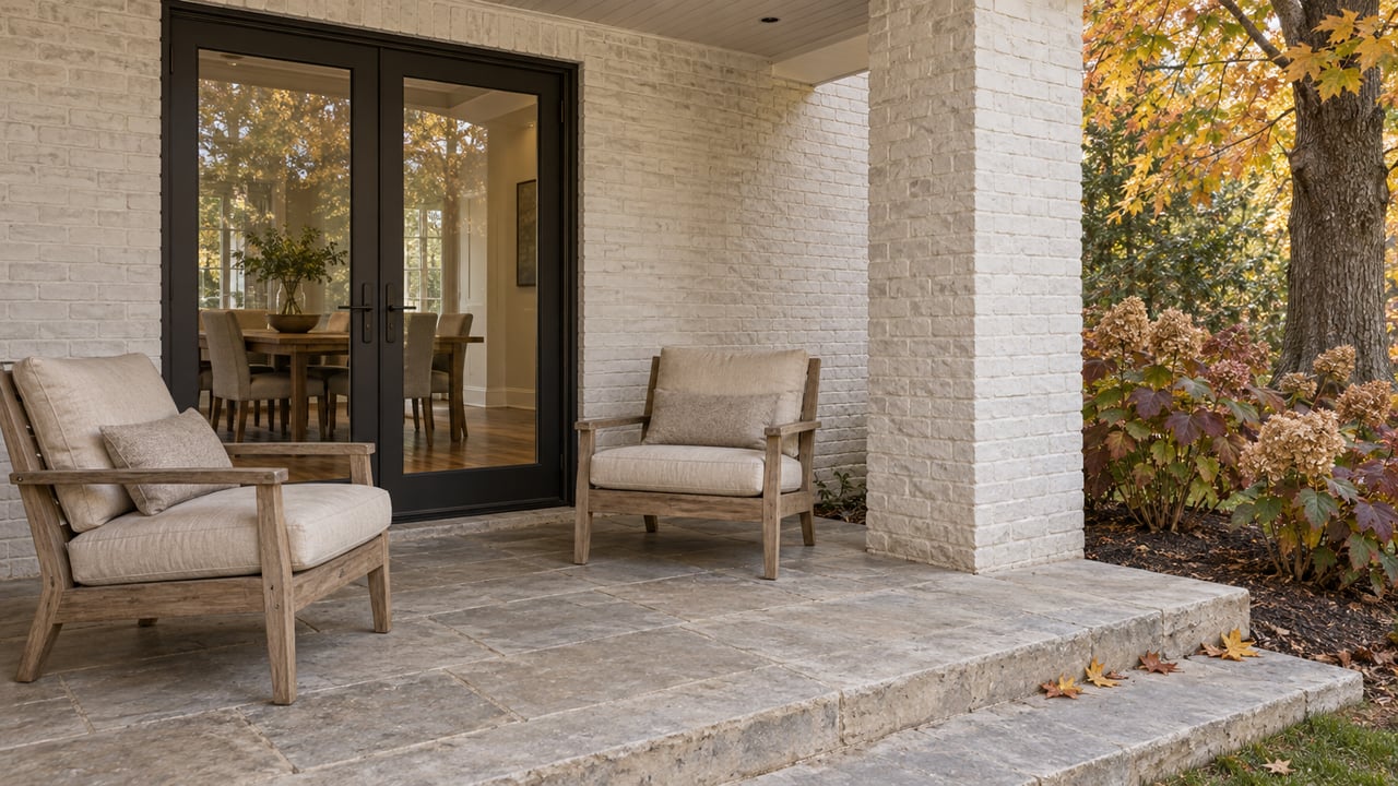 Covered stone terrace with weathered teak chairs, white painted brick, closed glass doors, and autumn maple and oakleaf hydrangea foliage.