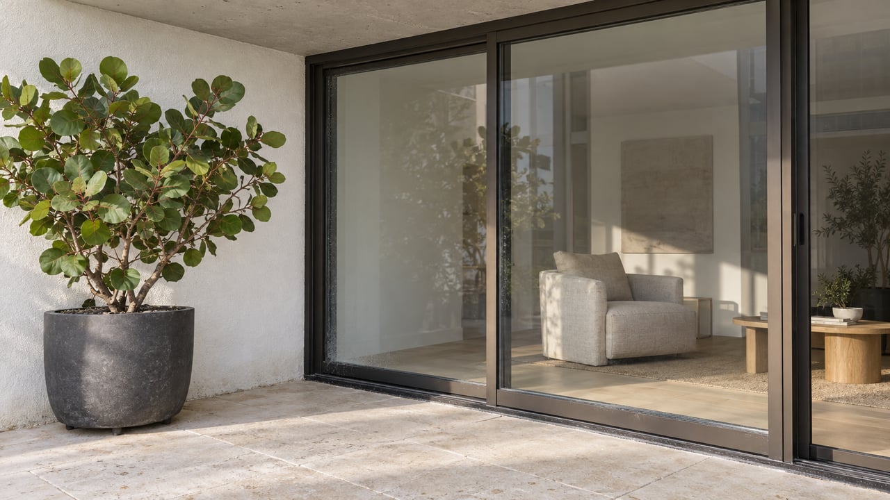Sunlit limestone condominium terrace with white stucco, bronze-framed glass doors and a sculptural sea grape in a charcoal planter.