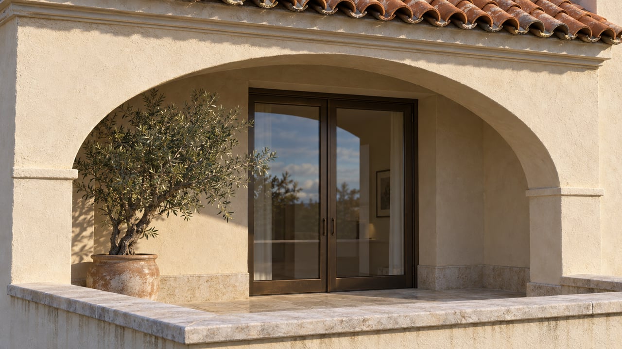 Arched stucco home entrance with dark glass doors and a potted olive tree.