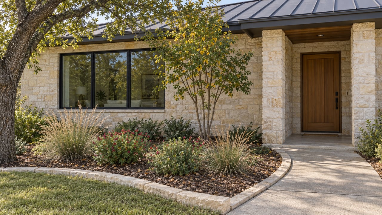 A pale limestone single-story home with a timber entry door, black-framed window, and a native garden of plum, oak, flowering sage, and grasses.