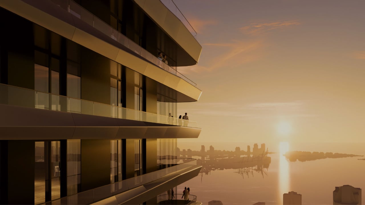 Rendering of residence balcony at sunset at Mercedes-Benz Places in Brickell, Miami.