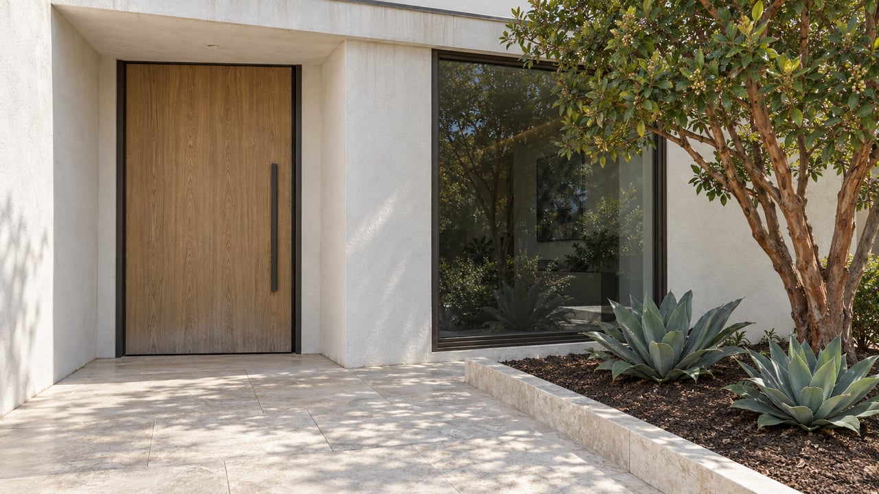 Warm-white stucco home entrance with an oak door, bronze-framed glass, limestone paving and sculptural planting in soft morning light.