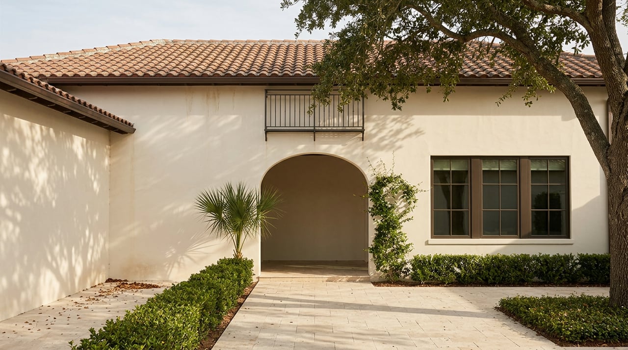 Coastal home with cream stucco, terracotta tile roof, arched loggia, iron balcony, and travertine courtyard.