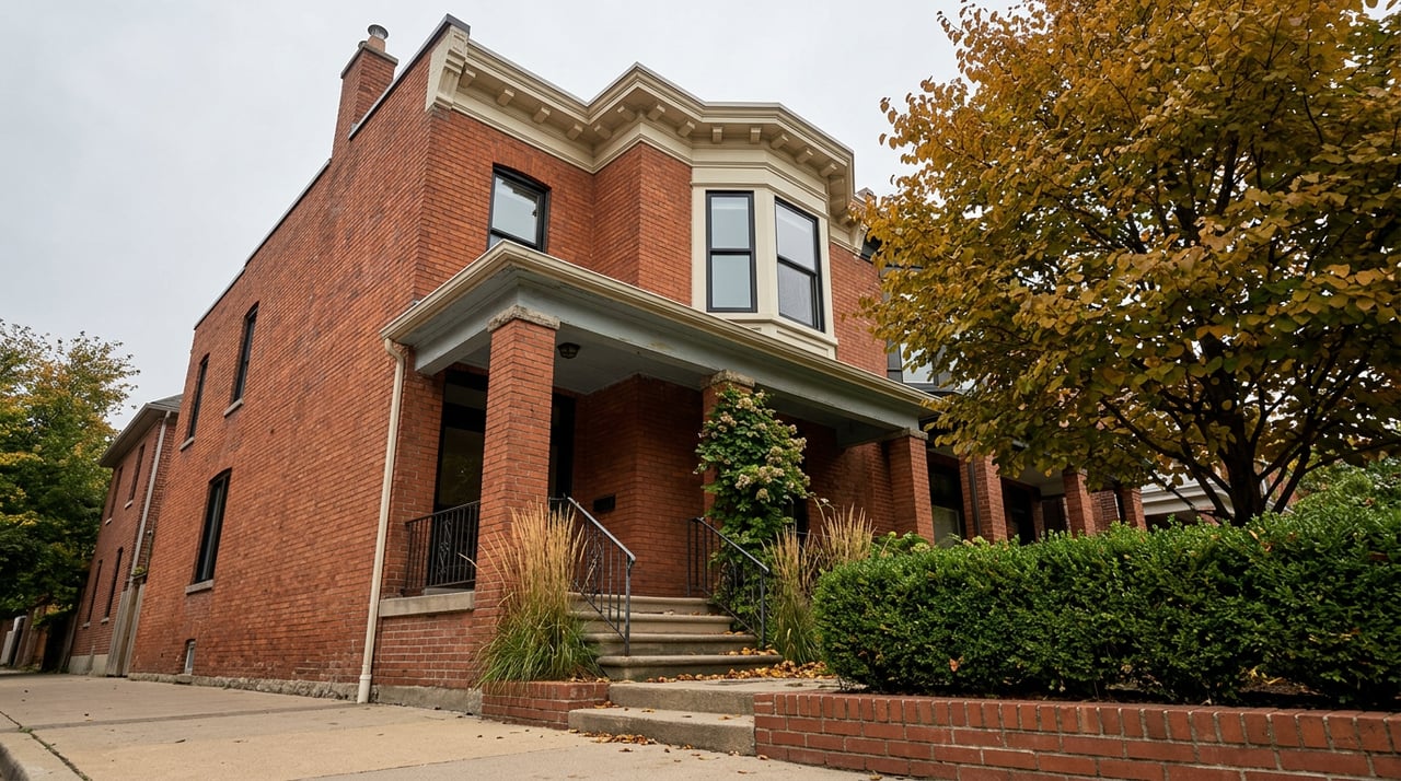 Narrow Victorian rowhouse with a brick facade, covered porch, stone steps, and amber leaves overhead.
