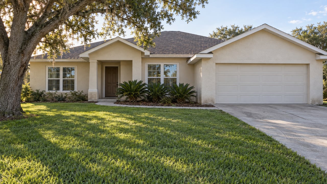 A single-story ivory stucco home behind a broad lawn, with a mature spreading oak, recessed porch and attached two-car garage.