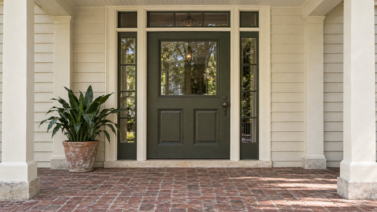 An ivory clapboard entry porch with a dark olive door, paired glazed sidelights, worn brick paving and one potted cast-iron plant.