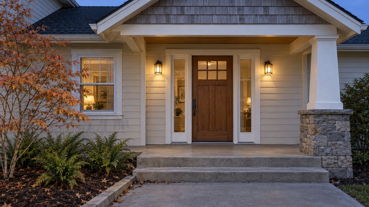 Blue-hour view of a cream-sided home’s covered entry with a stone-based column, warm sconces, and autumn vine maple.