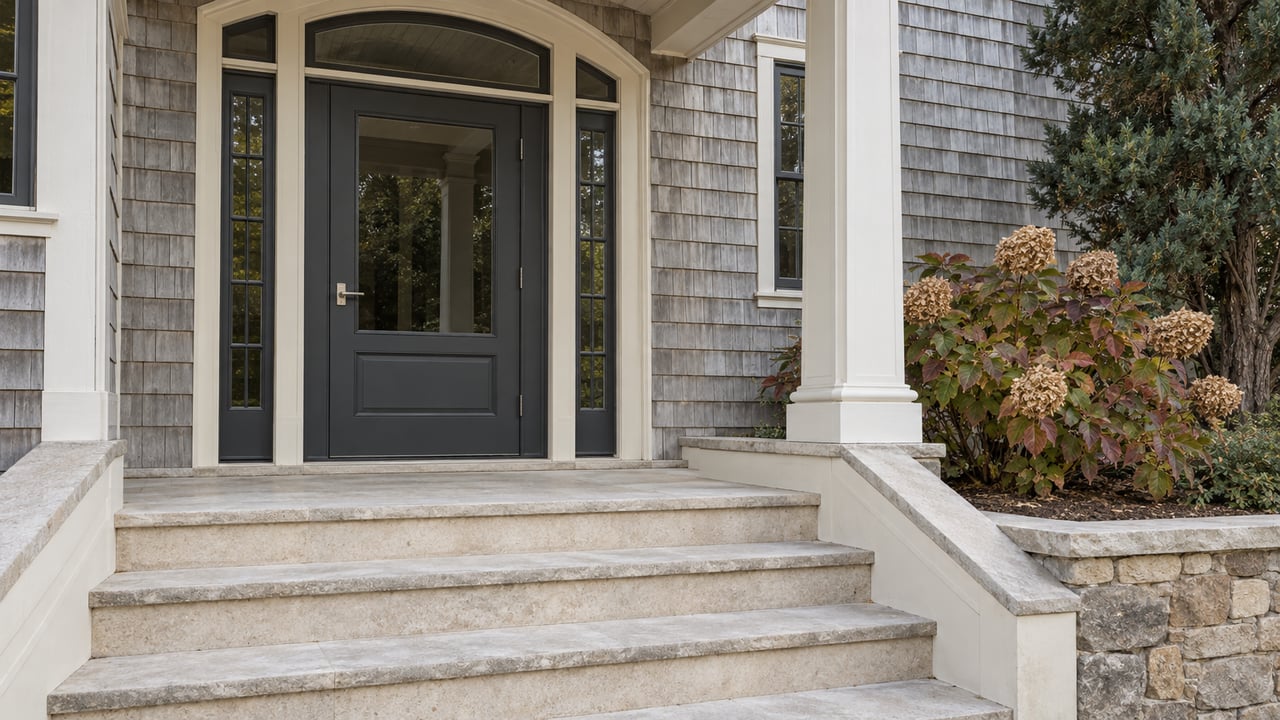 Silvered cedar home entry with an arched glass door, pale stone steps and autumn oakleaf hydrangea.