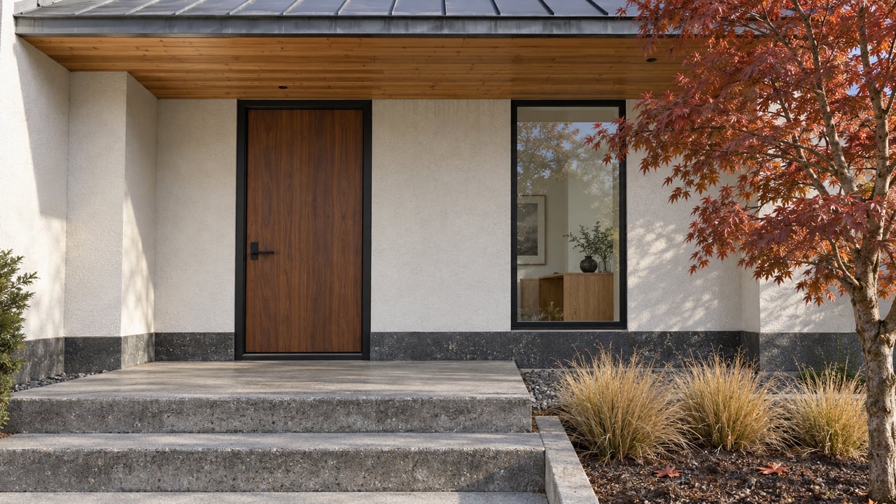 Autumn light across a cedar-lined covered entry, warm-white stucco, concrete steps and a copper-red maple.