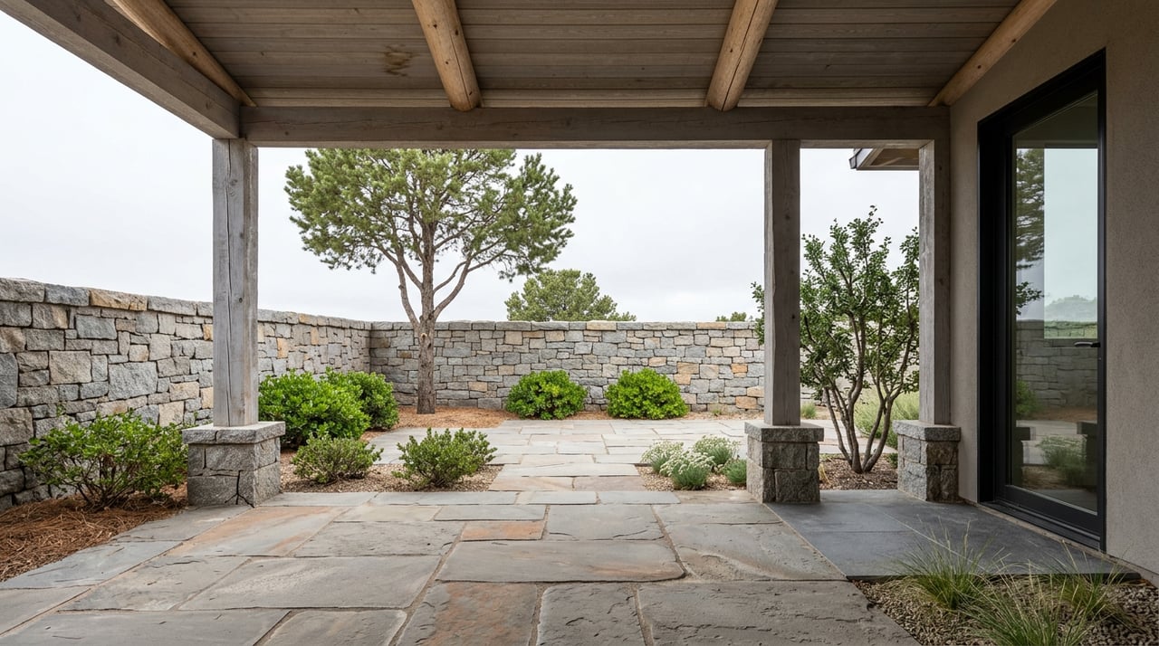Timber porch frames a flagstone entry court, with a low granite wall and pine tree.