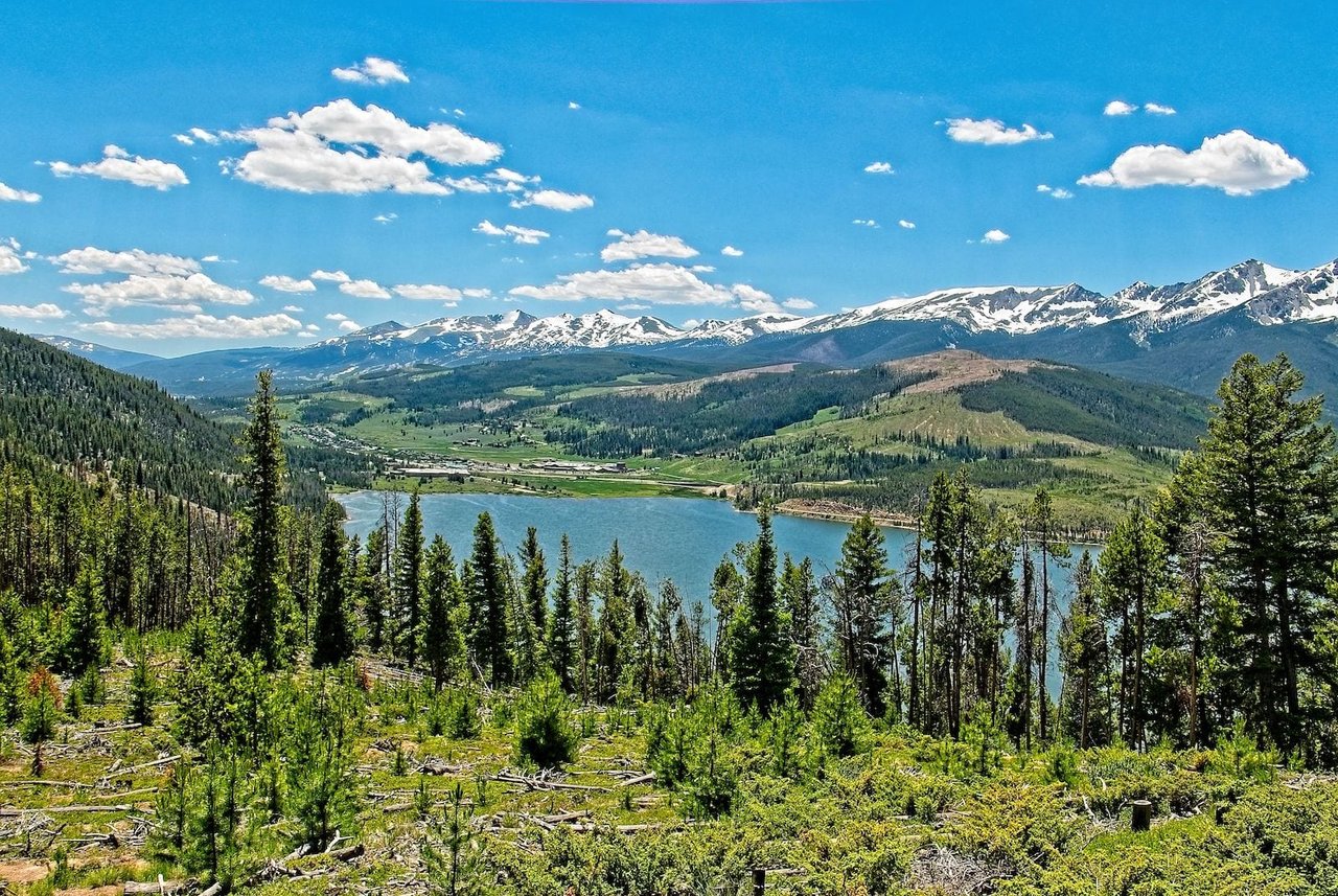 Mountain lake framed by evergreen forest, with snow-capped peaks in the distance.