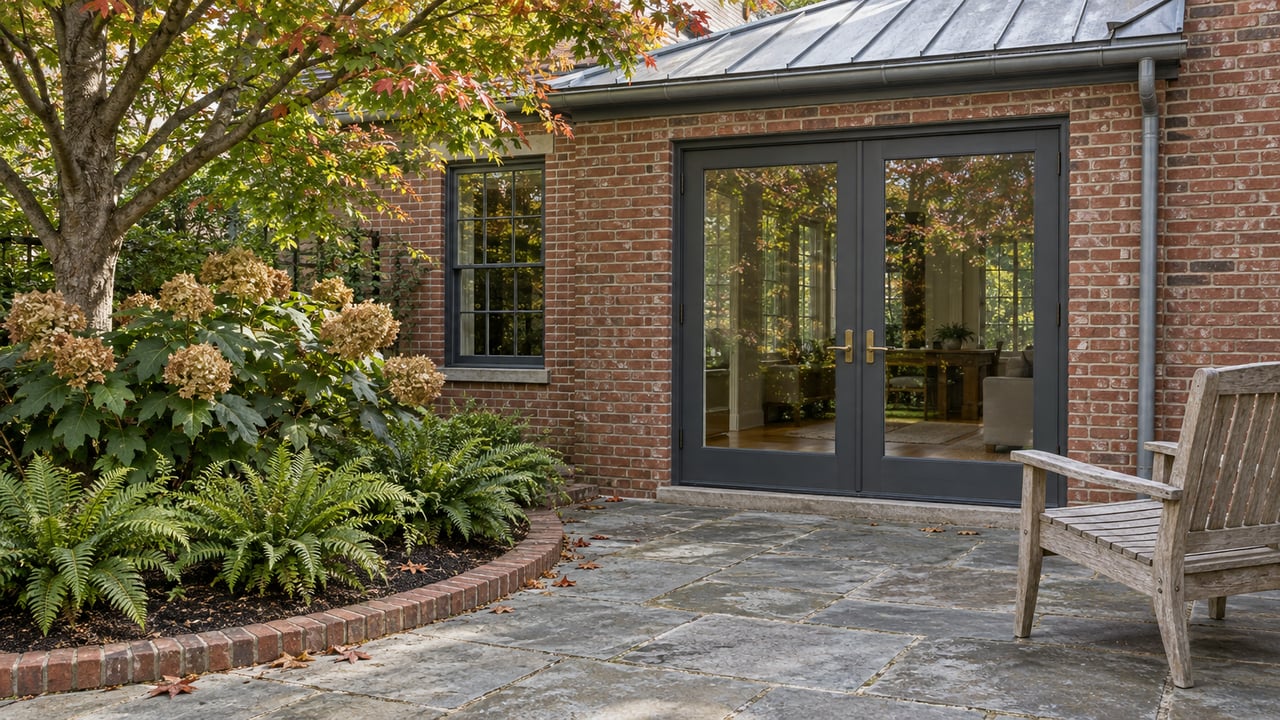 Brick home's glazed sunroom opens onto a gray stone terrace with a weathered teak chair, red maple and oakleaf hydrangeas.