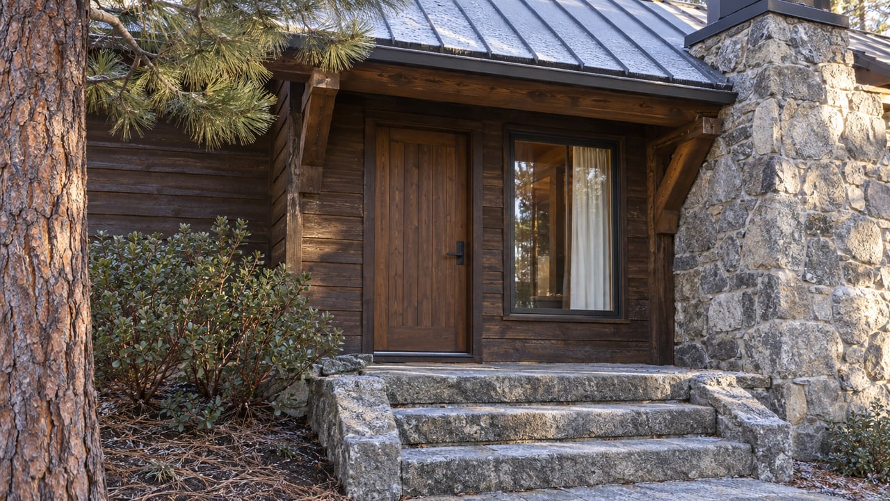 Winter morning light grazes a timber cabin entrance, granite chimney and frost-dusted stone steps beside a pine and manzanita shrubs.