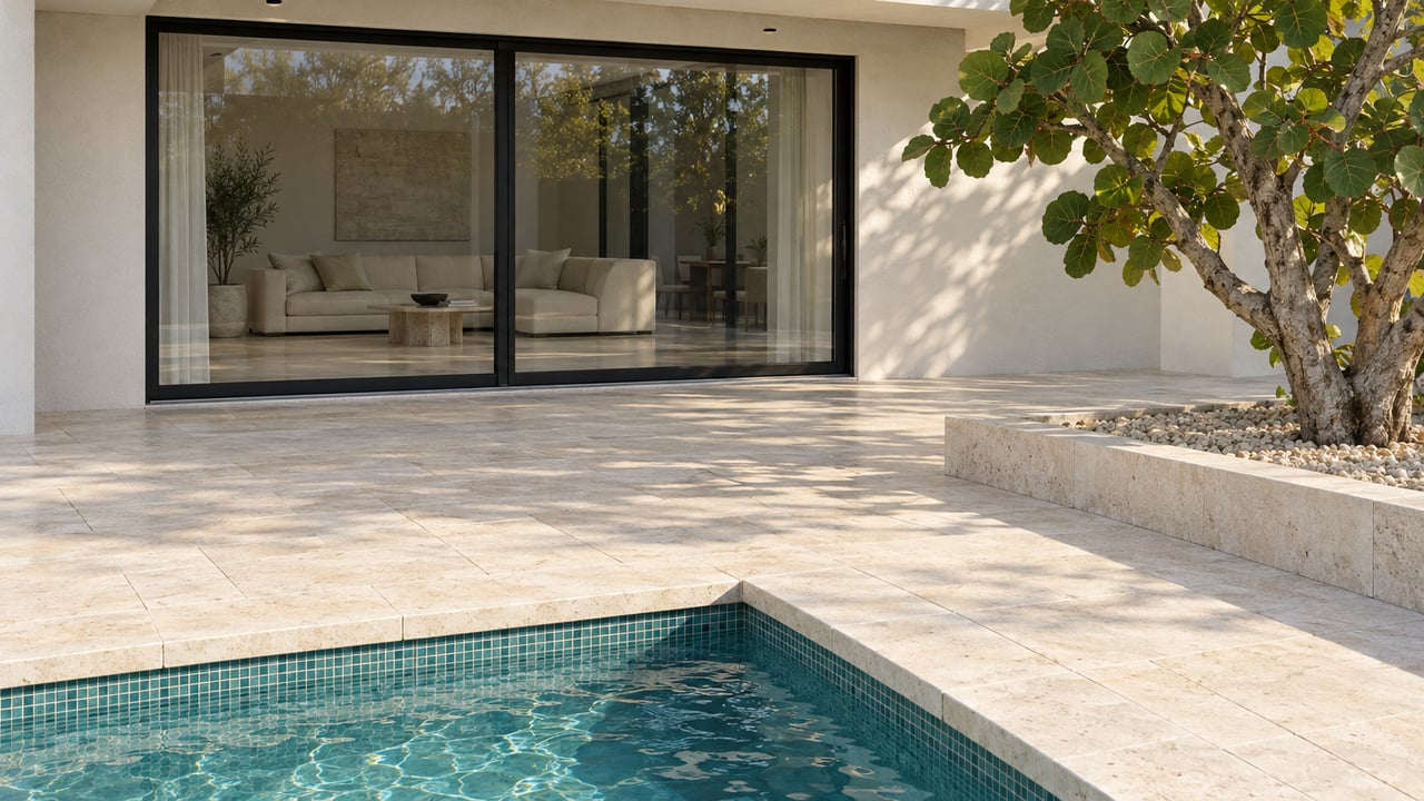 Morning light across a pale limestone terrace, black-framed glass doors and a blue-green pool corner beside a sea grape tree.