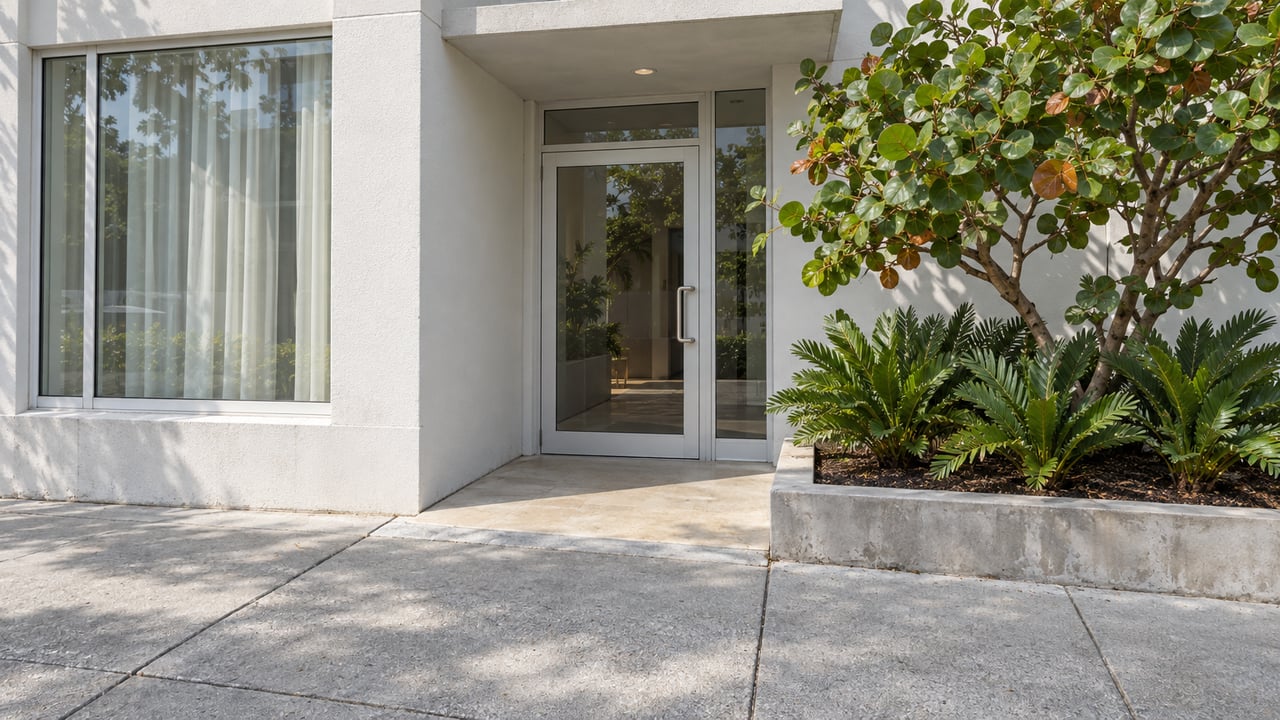 White stucco apartment entrance with tall glazed openings, a broad concrete sidewalk and a sculptural sea grape tree in a raised planting bed.