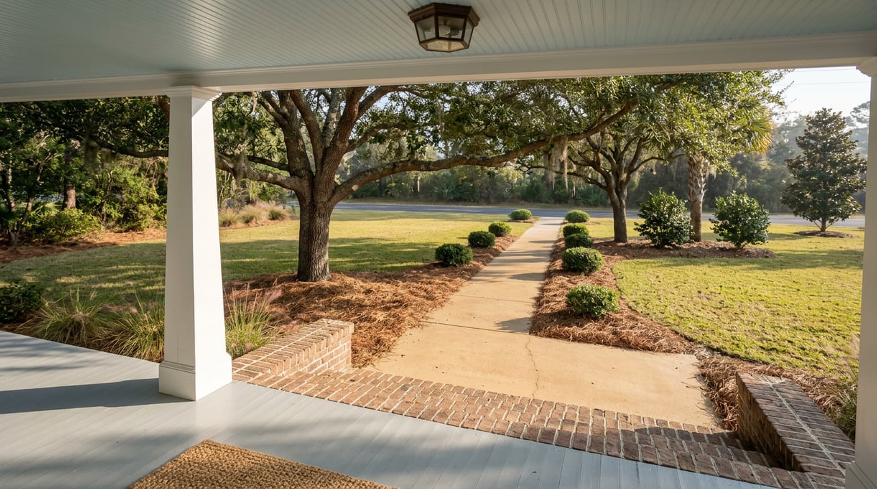 Gray porch overlooks brick steps and a concrete walk beneath mature live oaks.