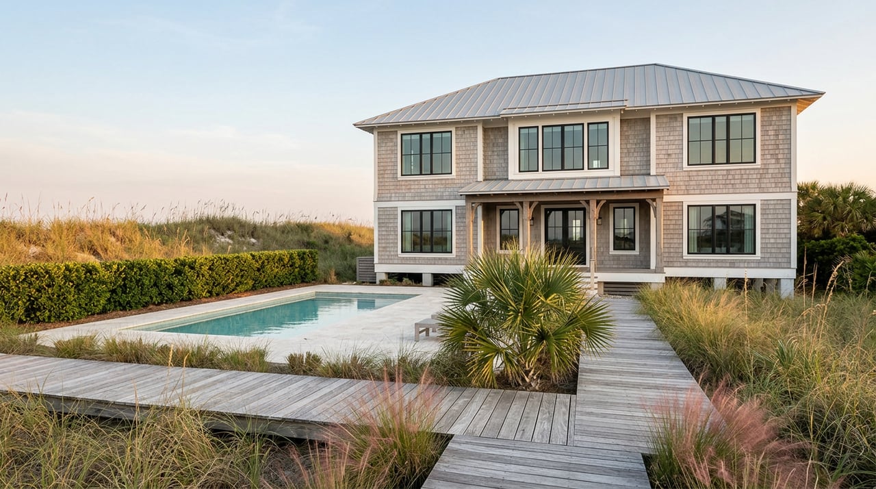Raised coastal home with black-framed windows, a seafoam pool, boardwalk, and dune grasses.