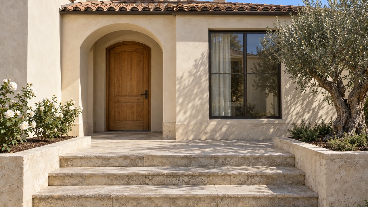Sunlit ivory stucco home entry with a recessed oak door, clay tile roof, limestone steps, an olive tree and white roses.