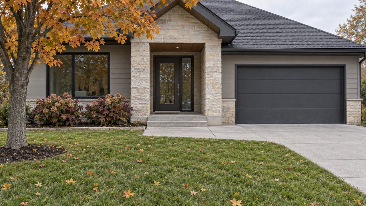 Autumn lawn and amber maple beside a gray-sided home with a limestone entry, covered porch and charcoal garage door.