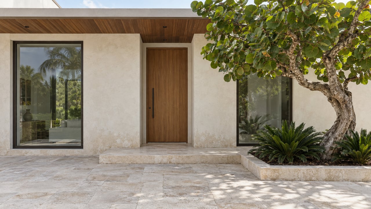 Coastal home with sand-colored plaster, teak entry door, limestone forecourt, and a broad-leaved tree.