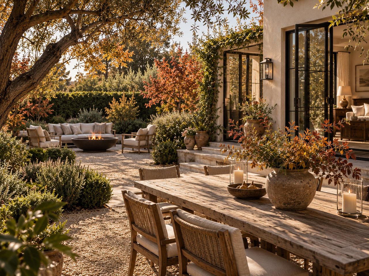 Furnished courtyard with a wooden dining table, patio seating, fire bowl, and leafy trees in warm light.