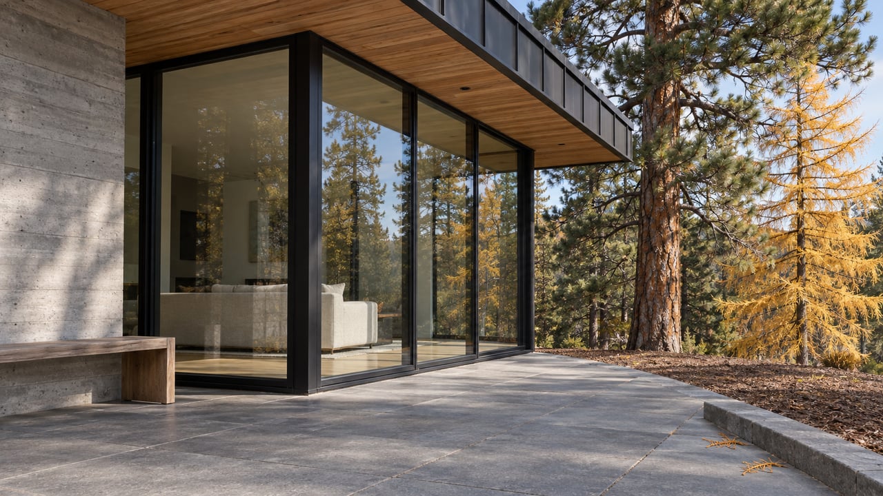 Contemporary home's cedar-lined covered terrace with closed corner glazing, basalt paving, a weathered teak bench and golden larch beside a mature pine.