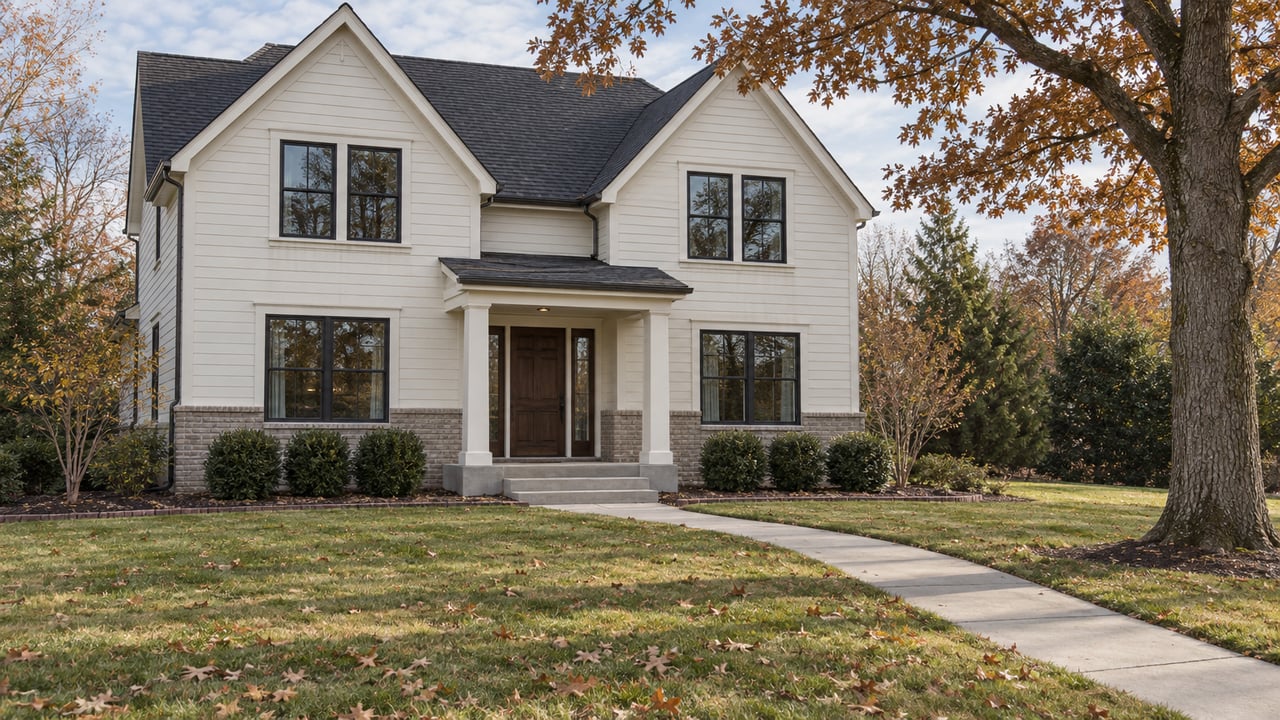 Cream gabled home with black-framed windows, a covered entry and a broad autumn lawn beside a mature oak.