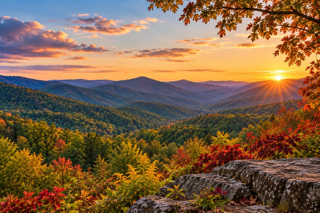 Autumn foliage frames layered mountain ridges and a sunlit valley at sunset.