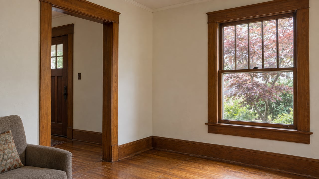 Fir-trimmed hall opening and divided-light window overlooking a Japanese maple in a planted garden.