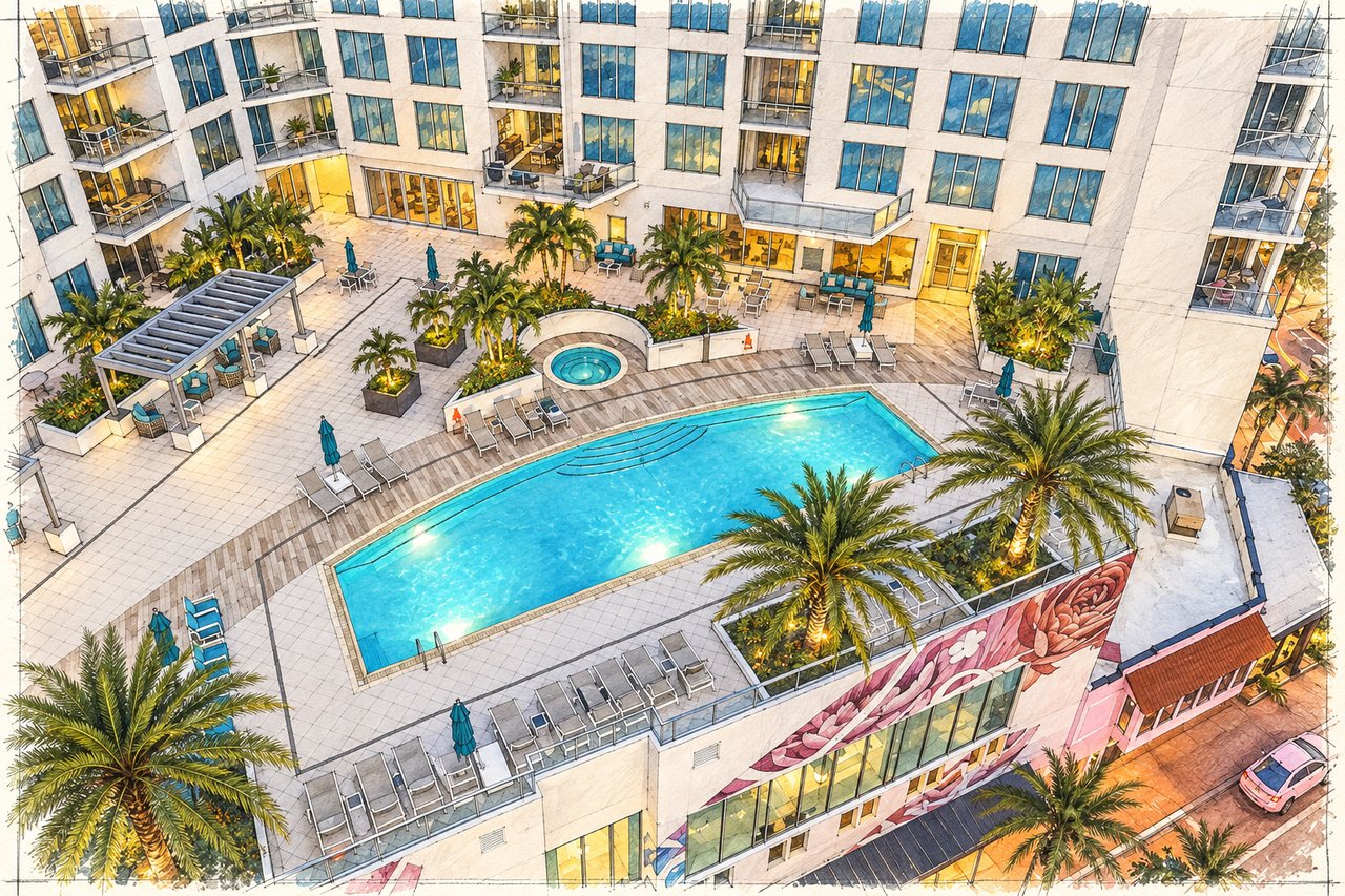 The Mark Sarasota courtyard with a turquoise pool, circular spa, palms, and surrounding condominium balconies.