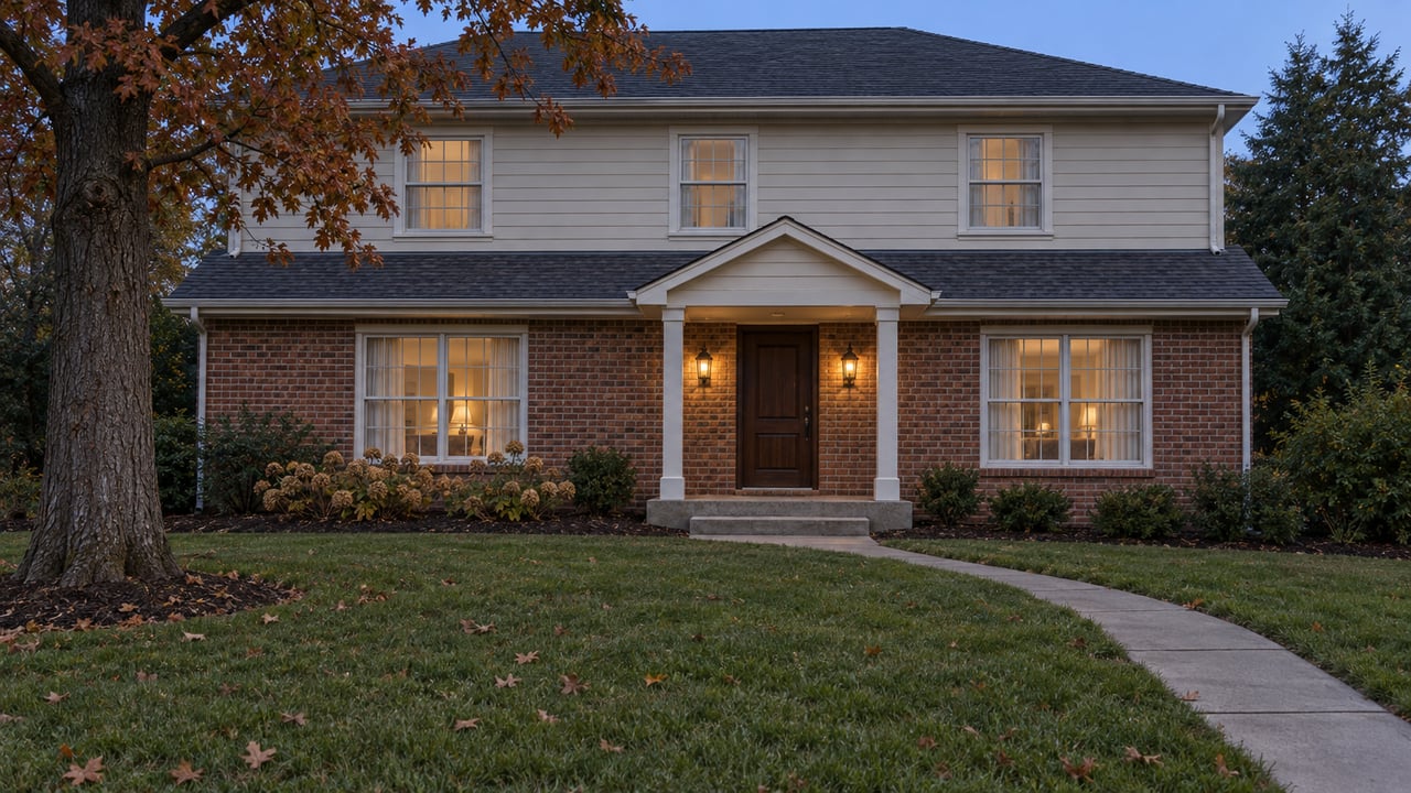 Brick-and-ivory two-story home at blue hour, with a broad autumn lawn, warm entry lights and a mature red oak.