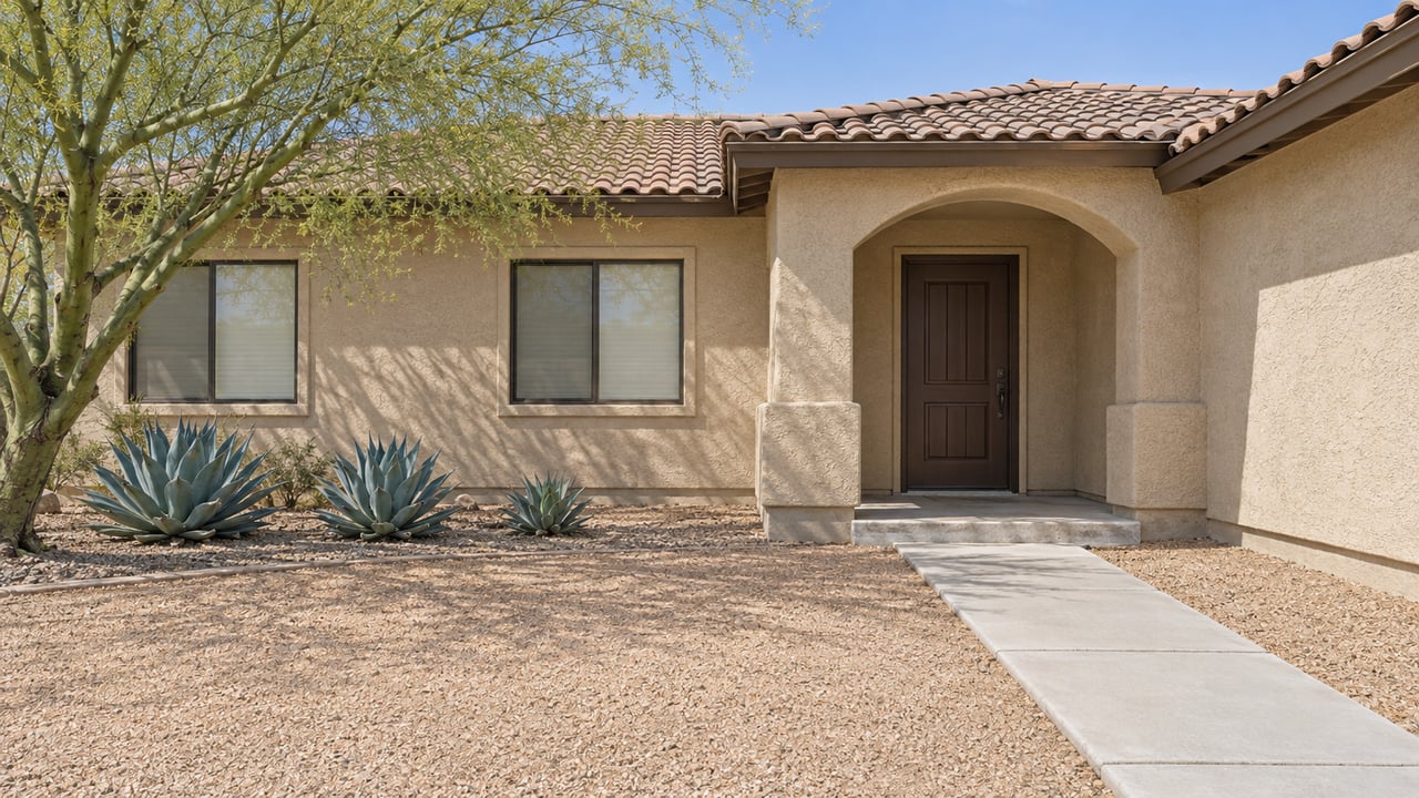 Sand-colored single-story stucco home with a shaded arched entry, bronze-framed windows and a broad gravel front yard planted with a blue palo verde and three agaves.