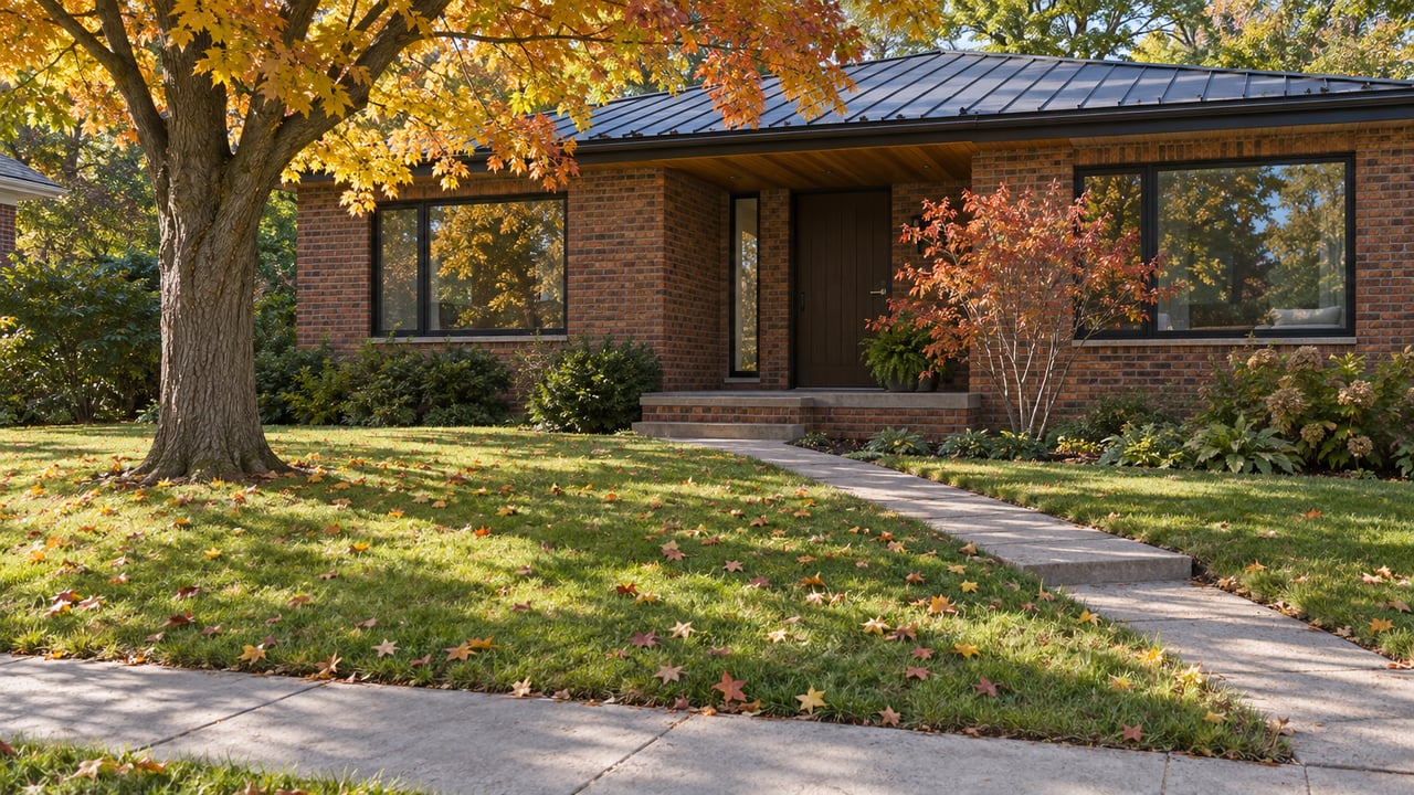 Red-brown brick home behind a broad lawn, with a gold-and-rust maple beside the sidewalk.