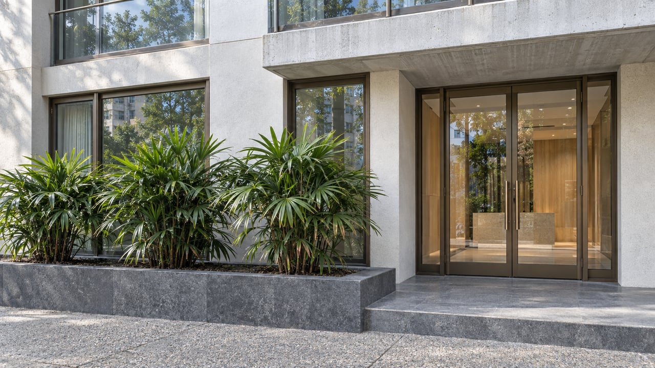 Condo entrance with closed glass doors, pale wood lobby, balcony, and basalt planter of three palm plants.