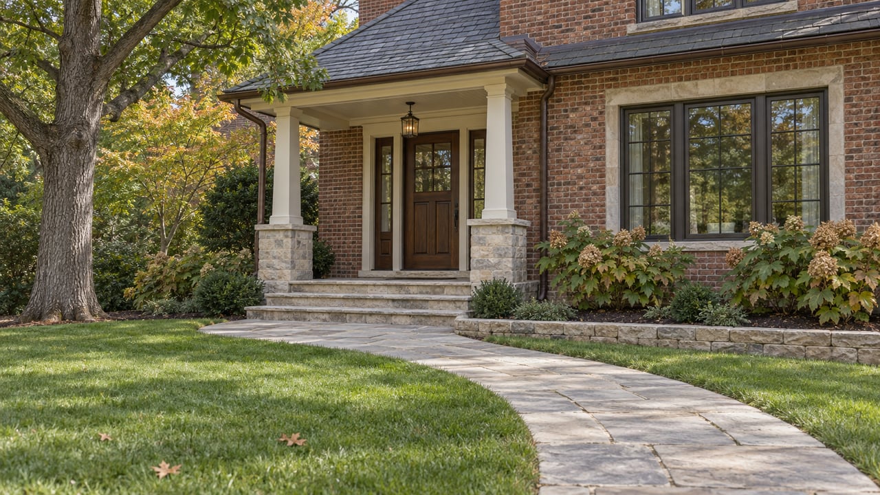 Brick home with a sheltered walnut entry, limestone approach and mature deciduous trees across a deep green lawn.