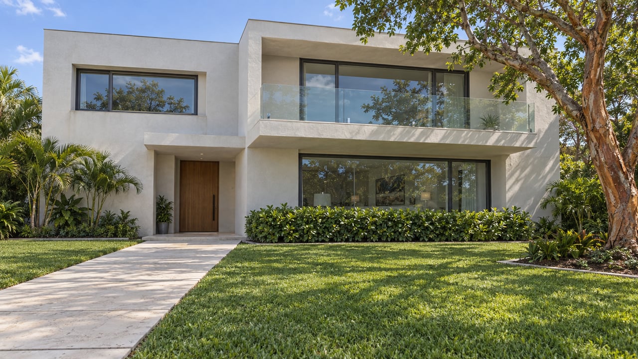 Light-stucco contemporary home behind a deep lawn and pale limestone approach, with a copper-barked specimen tree beside the facade.
