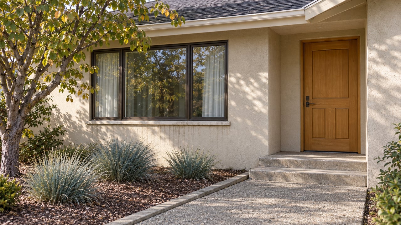 Morning sunlight on a sand-colored stucco home with an oak front door, broad window, concrete steps, and a western redbud.
