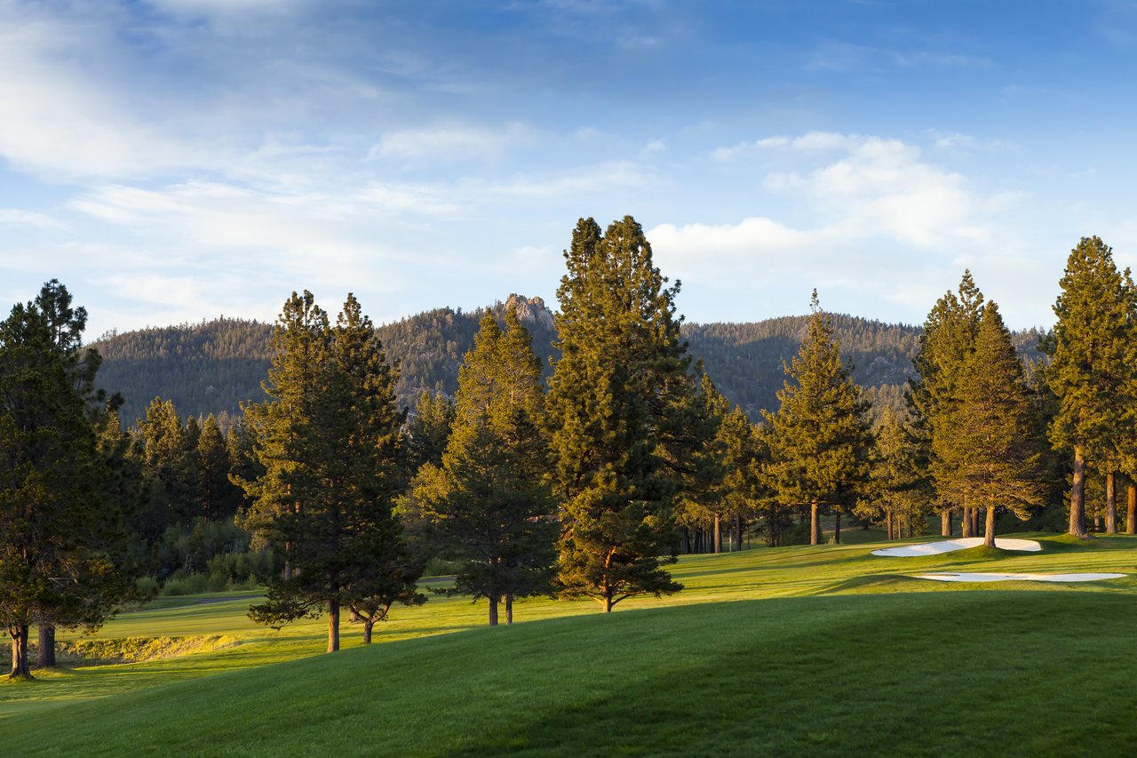 Panoramic view of Clear Creek Tahoe homesite under development with pine forests and golf course backdrop