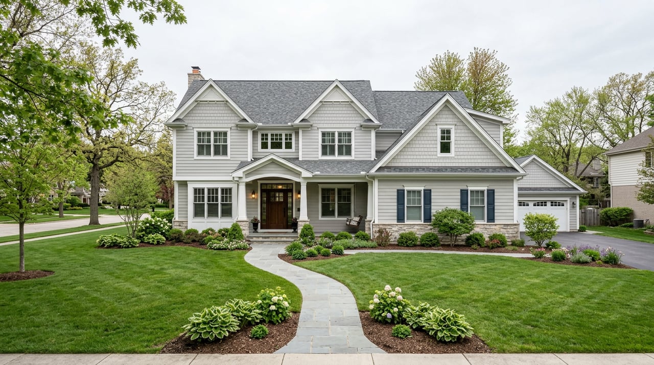 White-sided suburban home with a stone-pier entry, curving bluestone walk, and broad lawn