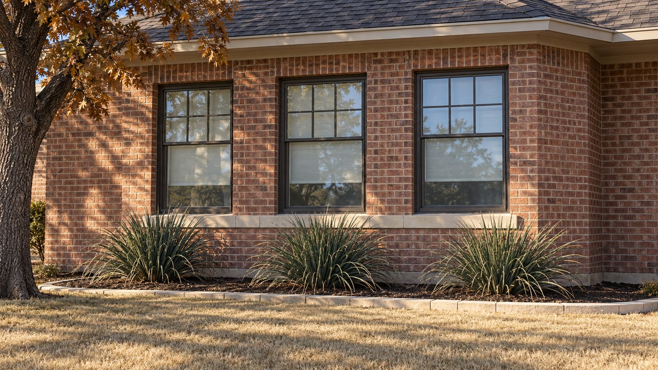 Sunlit brick home with three bronze-framed windows, a pale limestone sill and a curved planting bed beside a dormant lawn.