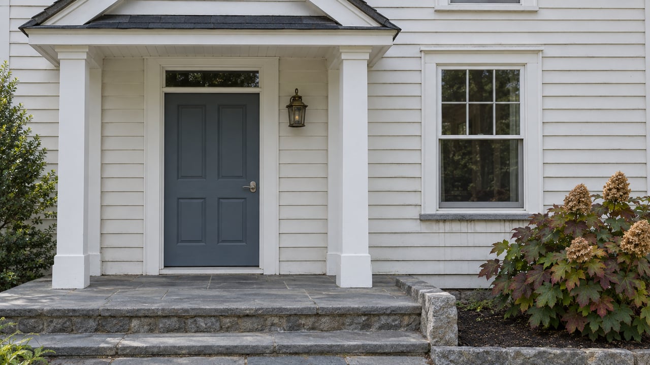 Sheltered blue-gray front door of a white clapboard home, with bluestone steps and autumn oakleaf hydrangea.