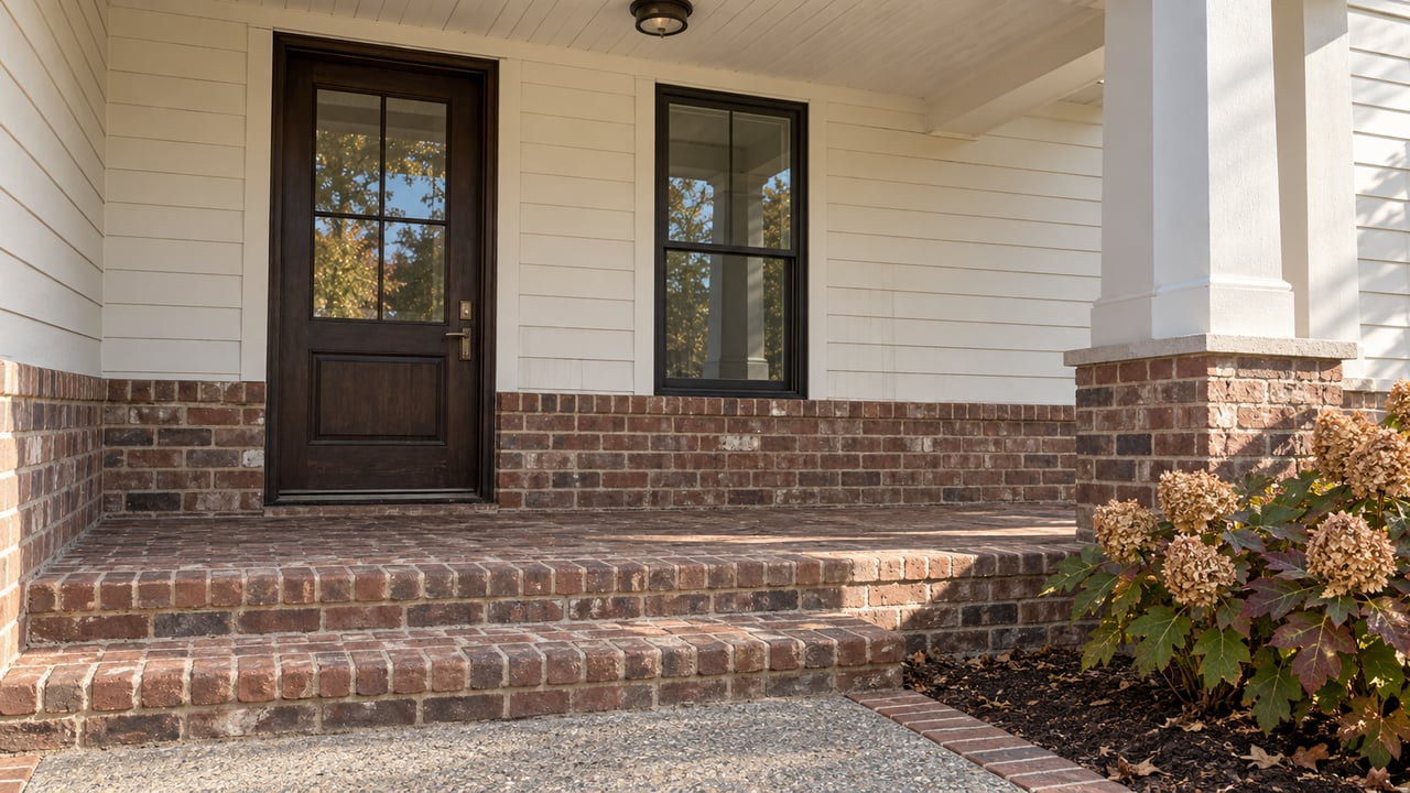 Covered home entry with a dark wood door, cream lap siding, red-brown brick steps and an oakleaf hydrangea.